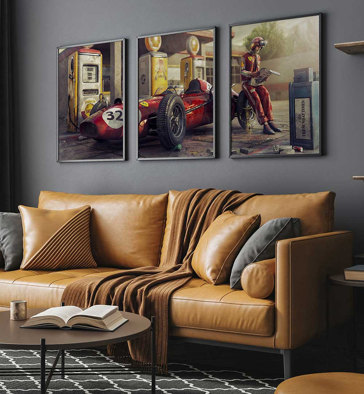 CLASSIC PIT STOP , SET OF 3 PAINTINGS