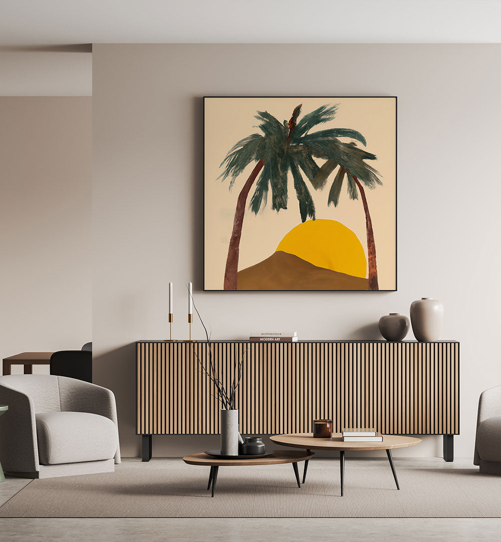 ARCHY PALMS , BEACH PAINTINGS featuring abstract palm trees and sunset enhancing modern living spaces with coastal tranquility.