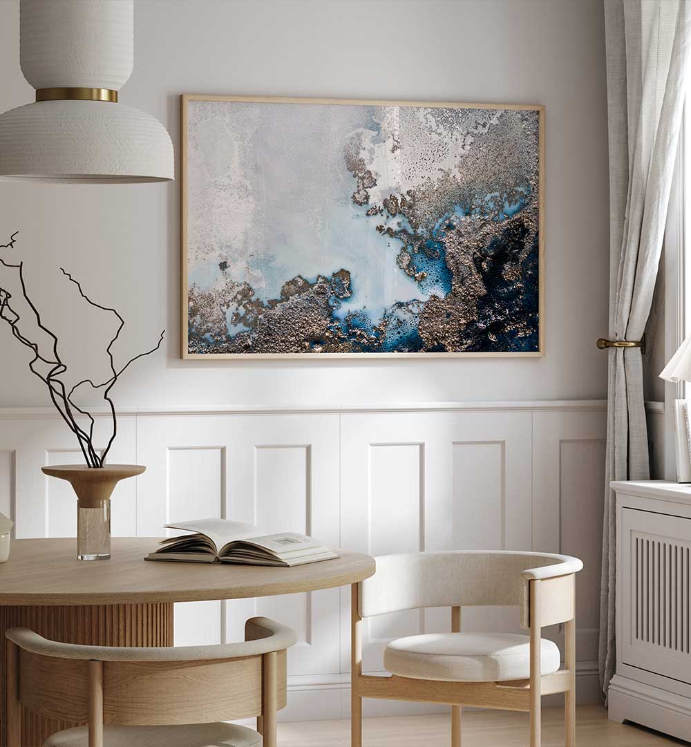 Stylish living space featuring OCEANIC TEXTURES, ABSTRACT PAINTINGS that evoke the serenity of ocean waves.