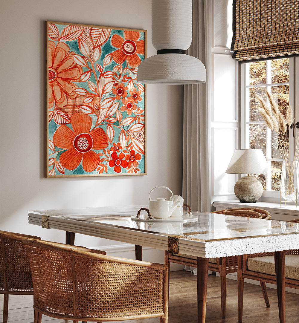 RED DAISIES WITH AQUA , FLORAL FLOWER PAINTINGS