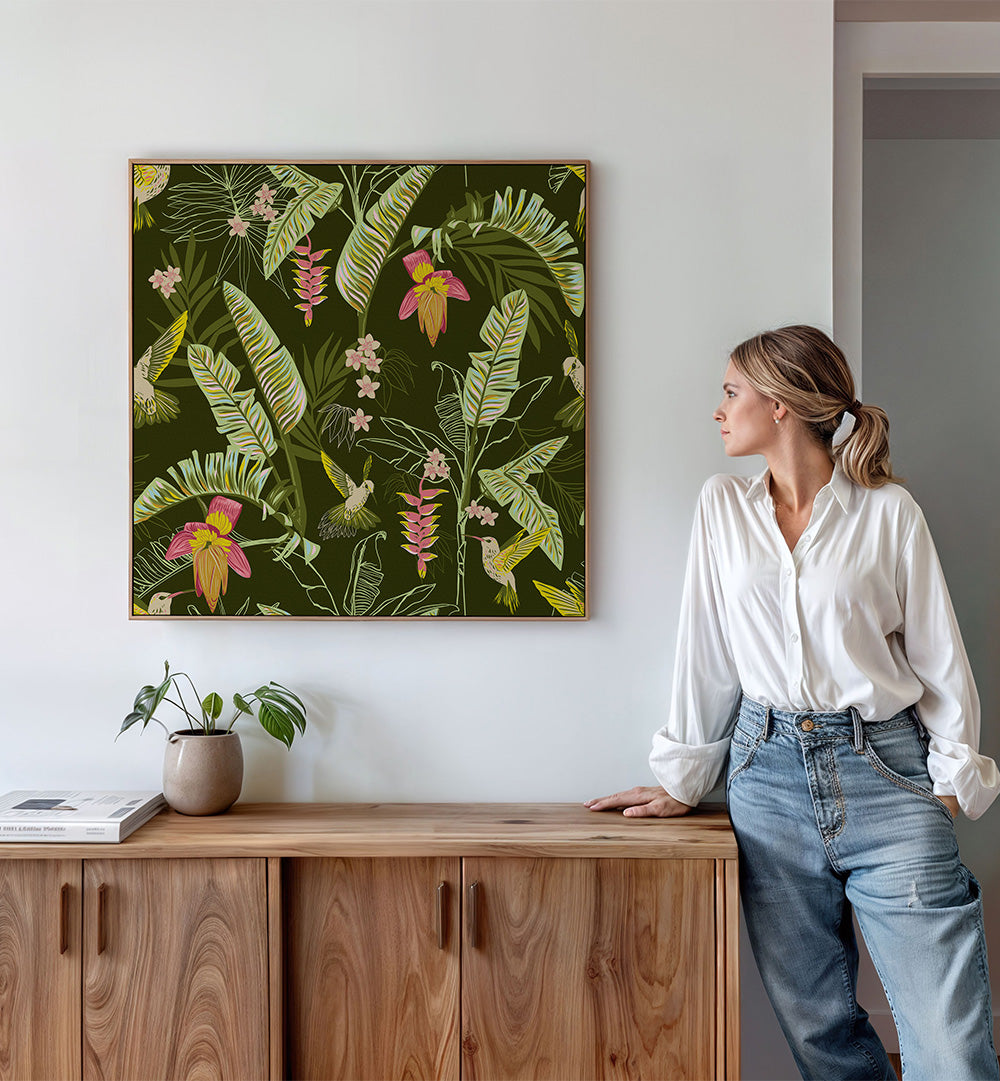 BANANA LEAVES AND HUMMINGBIRDS , FLORAL FLOWER PAINTINGS