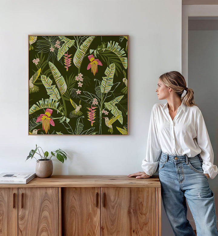 BANANA LEAVES AND HUMMINGBIRDS , FLORAL FLOWER PAINTINGS