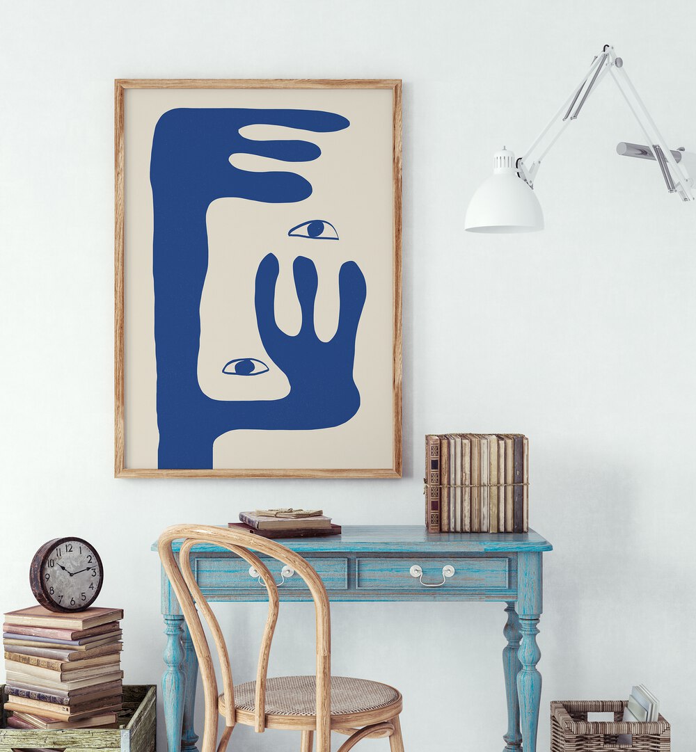 Stylish ABSTRACT FACE I, LINE ART PAINTINGS displayed in a modern workspace, enhancing contemporary decor.