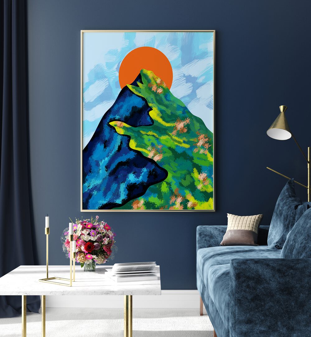 Colorful BRIGHT HORIZON, LANDSCAPE PAINTINGS enhance modern decor with vivid mountain and sun motifs for a stylish touch.