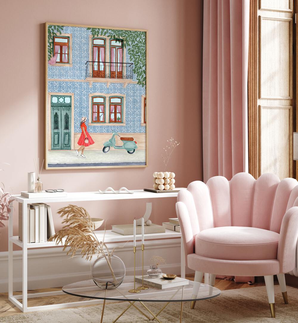 Vibrant artwork of a stylish lady with scooter, bar & cafe art, perfect for enhancing any space's ambiance.