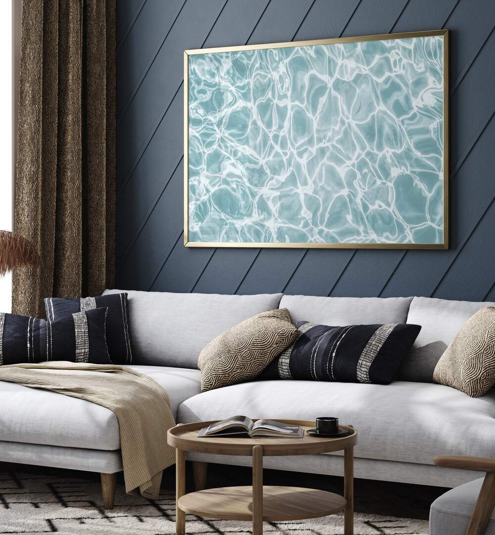 Elegant living room featuring ABSTRACT WATER, BEACH PAINTINGS, enhancing the space with serene water-inspired art.
