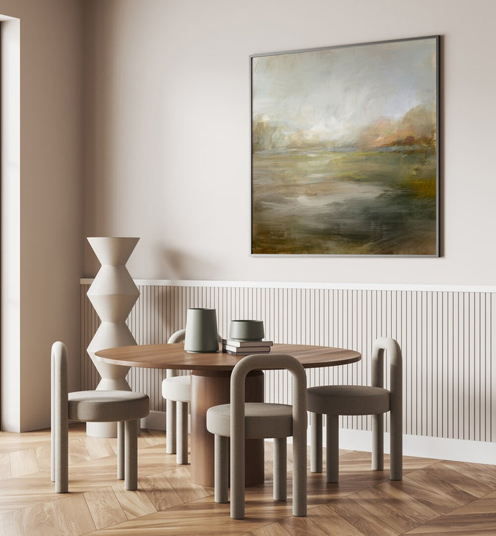 Serene LAKE SIDE, LANDSCAPE PAINTINGS enhance modern interiors with tranquil lakeside views and lush greenery.
