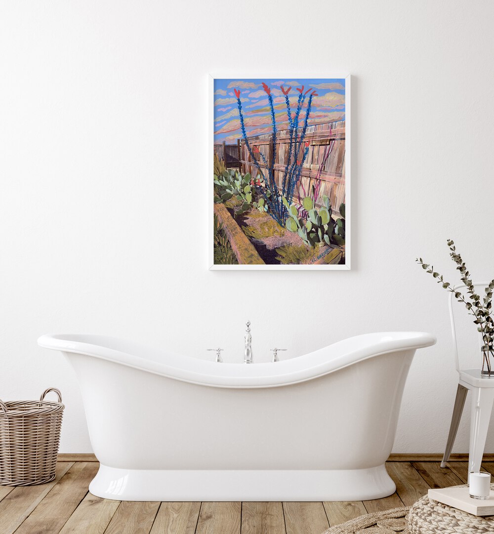 Beautiful ALPINE TEXAS OCOTILLO, LANDSCAPE PAINTINGS adorn a serene bathroom, showcasing vibrant nature's artistry.