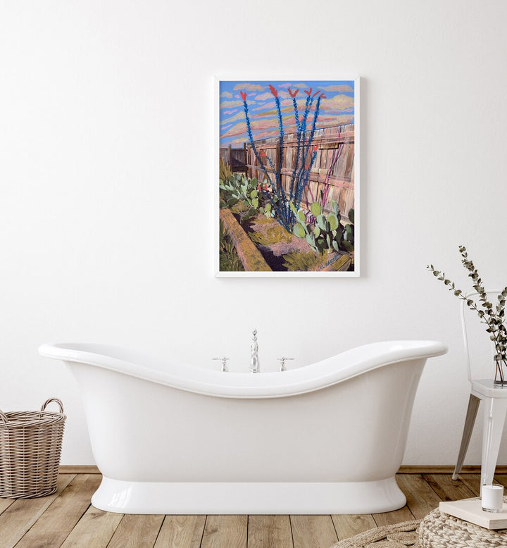 Beautiful ALPINE TEXAS OCOTILLO, LANDSCAPE PAINTINGS adorn a serene bathroom, showcasing vibrant nature's artistry.