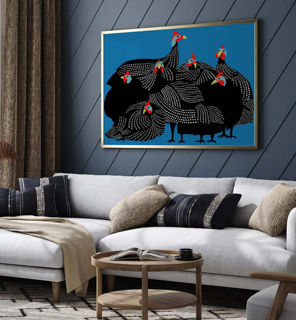 GOLDEN BLOOMS, ANIMAL PAINTINGS showcase vibrant artwork featuring elegant guineafowl, perfect for any stylish space.