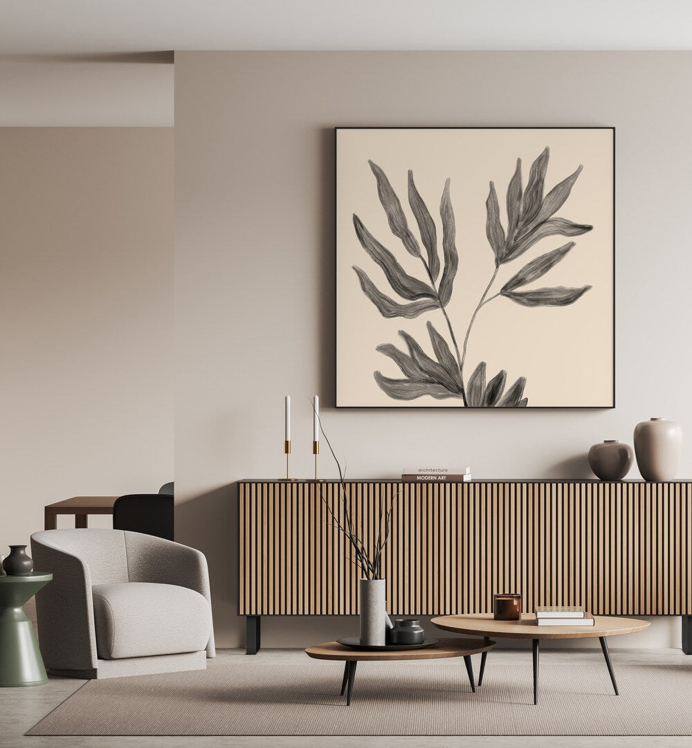 Stylish living room featuring BOTANICAL ABSTRACT III, FLORAL FLOWER PAINTINGS for a modern aesthetic.