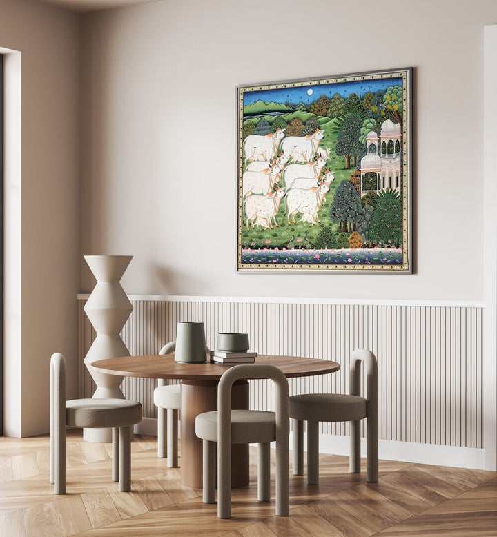 COW AND CALF PICHWAI, INDIAN ART PAINTINGS beautifully showcase rural life with vibrant colors and intricate details.