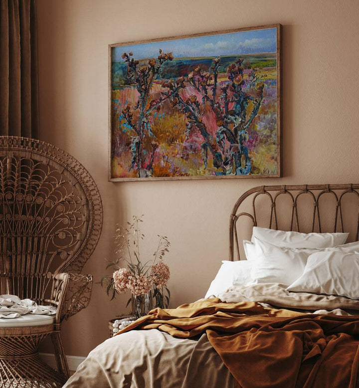 Vibrant AUTUMN IN THE STEPPE, LANDSCAPE PAINTINGS displayed in a cozy room, enhancing the artful ambiance.