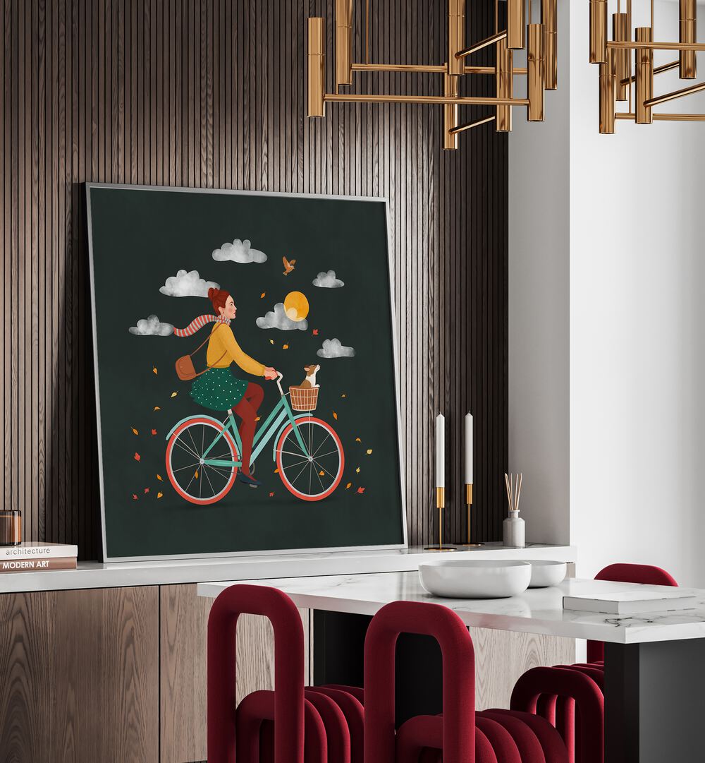 Vibrant AUTUMN RIDE, PORTRAITS illustration by Petra Holikova, showcasing a joyful cyclist amidst autumn colors.