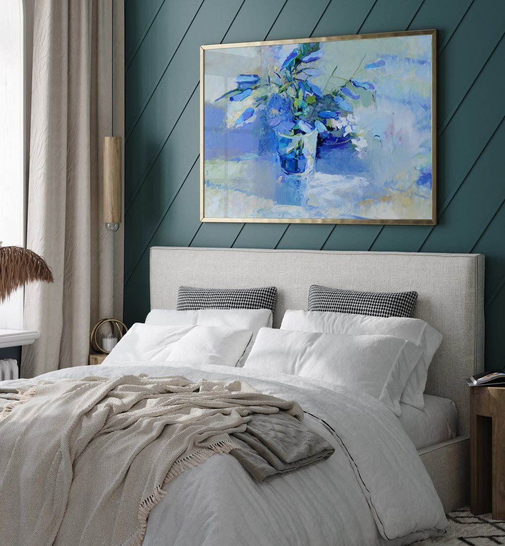 Elegant BELLS, ABSTRACT PAINTINGS enhancing a cozy bedroom with soothing colors and a tranquil ambiance.