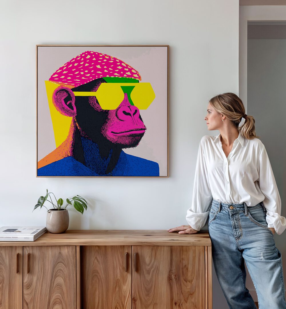 Vibrant COOL MONKEY, POP ART PAINTINGS showcasing bold colors and playful design for modern spaces.
