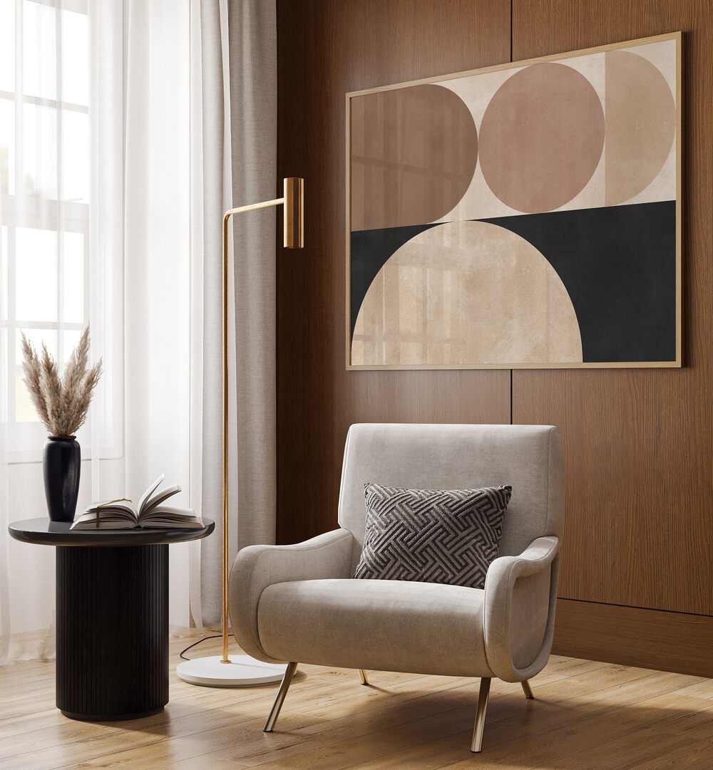 Stylish living room featuring BROWN 5, GEOMETRIC ART PRINTS, enhancing modern decor with elegance and functionality.