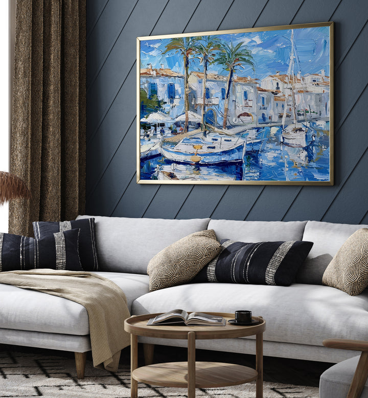 Vibrant art piece, BOATS IN THE HARBOR, enhancing a cozy living room with serene maritime beauty. Perfect decor addition.