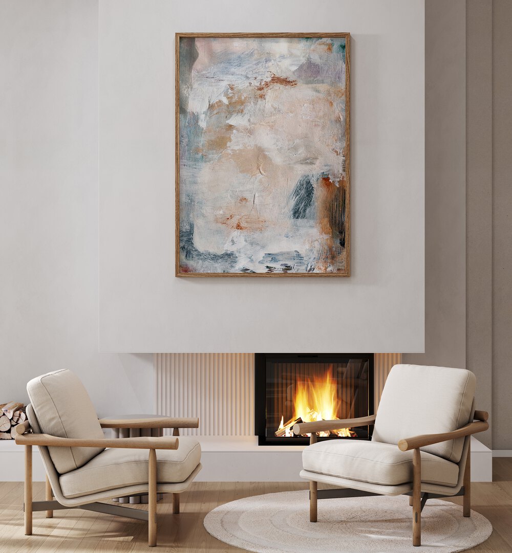 Stylish living room featuring ADJUSTMENT, ABSTRACT PAINTINGS above a cozy fireplace and modern furniture.