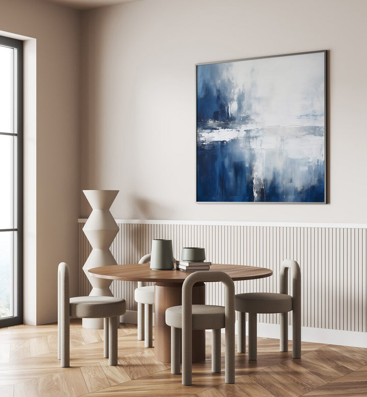 AQUA DREAMSCAPE, ABSTRACT PAINTINGS adorn a modern dining space, enhancing its serene aesthetic and style.