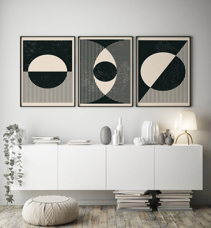 BLACK AND WHITE PLANETS SET , SET OF 3 PAINTINGS