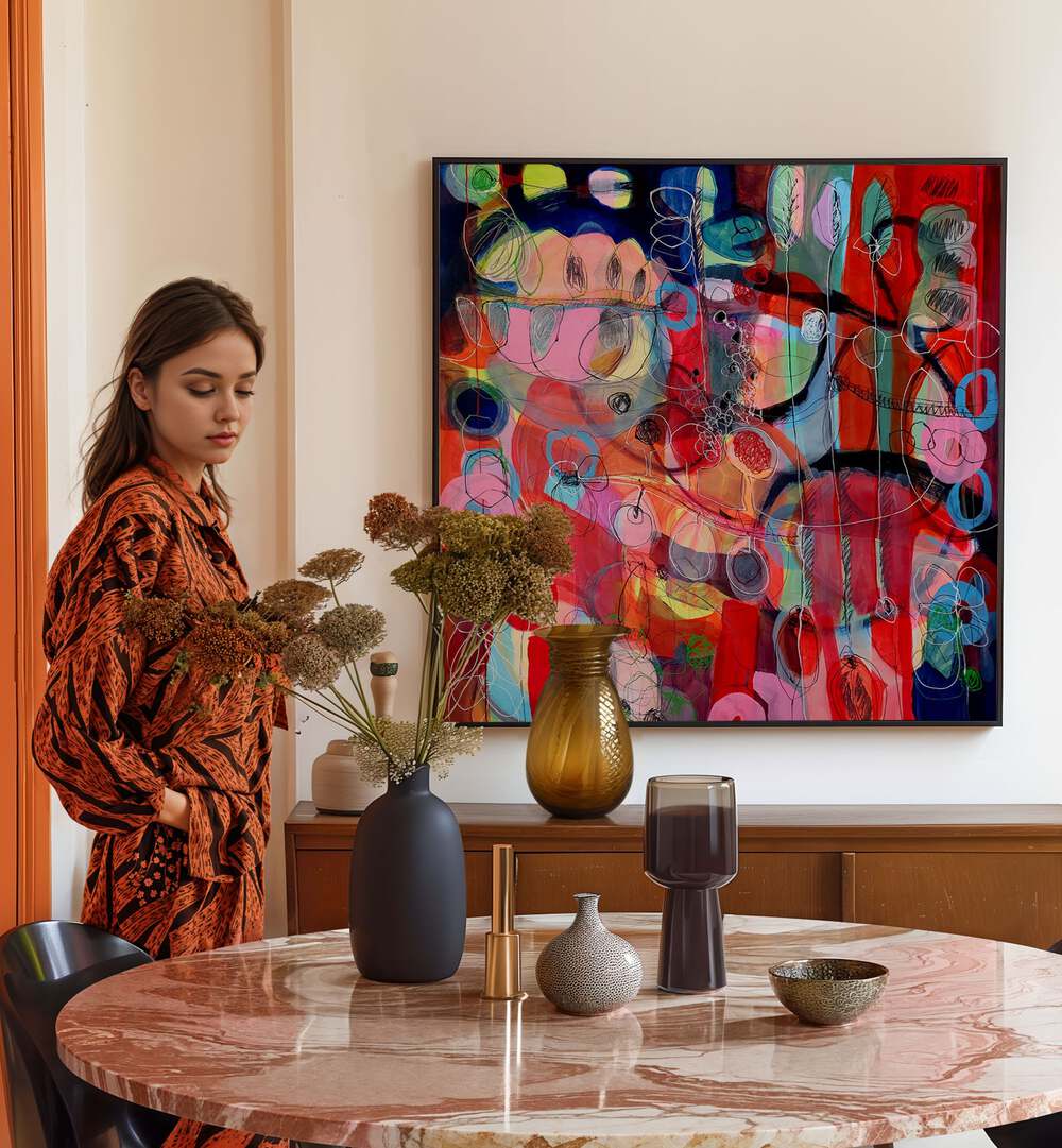 Elegant woman admiring AFTER THE RAIN II, ABSTRACT PAINTINGS, showcasing vibrant colors and contemporary artistry.