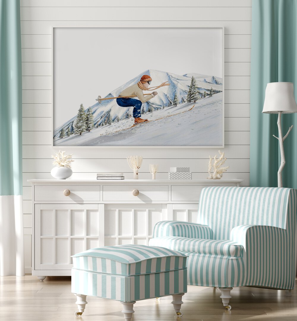 Stylish PARADOXICA, SPORTS POSTERS adorn a modern living space, showcasing a skier amidst a stunning mountain backdrop.