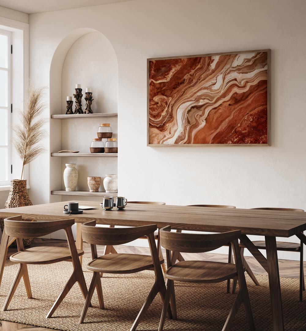 Stunning PATTERNS IN RICH EARTHY TONES, ABSTRACT PAINTINGS enhancing modern home decor with deep browns and terracotta hues.