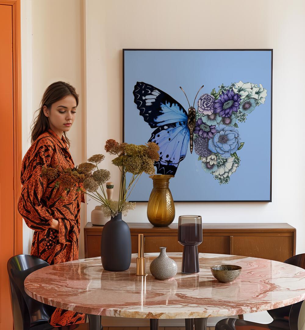Elegant Blue Butterfly in Bloom Mural, showcasing vibrant animal paintings in a stylish interior setting.