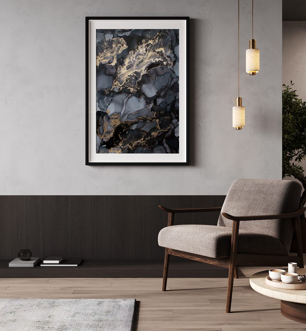 Elegant BLACK STORM, ABSTRACT PAINTINGS featuring dark hues and gold accents, perfect for modern decor.