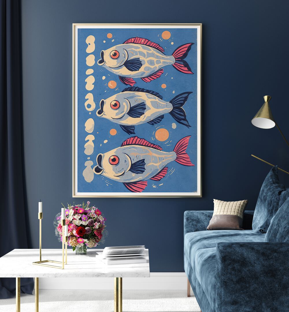 Vibrant artwork of fish in blue hues from the OCEANIC LIFE - FISHES II, BEACH PAINTINGS collection.