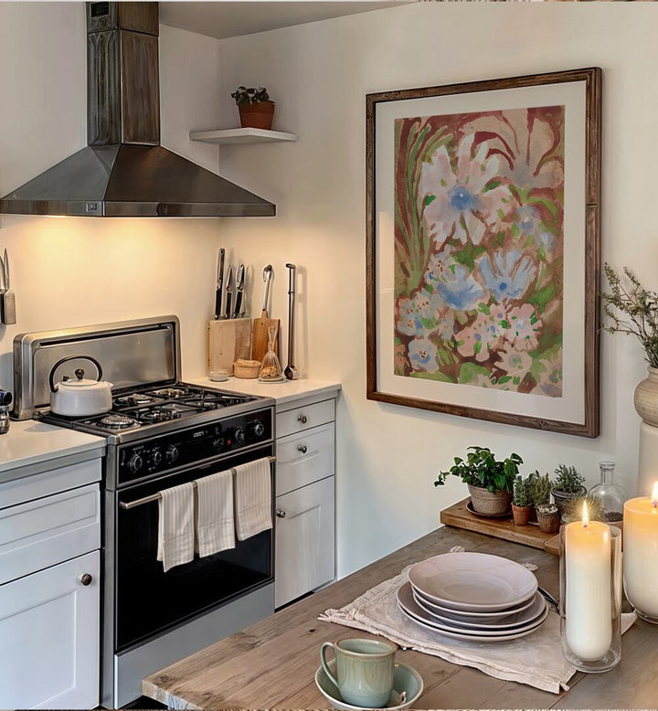 Charming LITTLE FLORALS and FLORAL FLOWER PAINTINGS brighten this kitchen, adding elegance to your home decor.