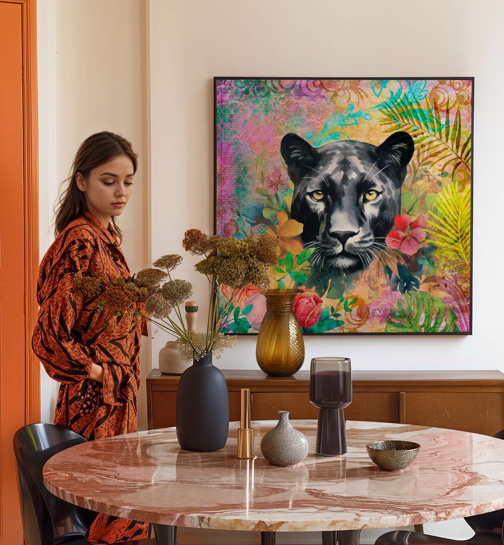 Elegant interior featuring the CHEETAH TROPICAL III, ANIMAL PAINTINGS by Andrea Haase, surrounded by vibrant decor.
