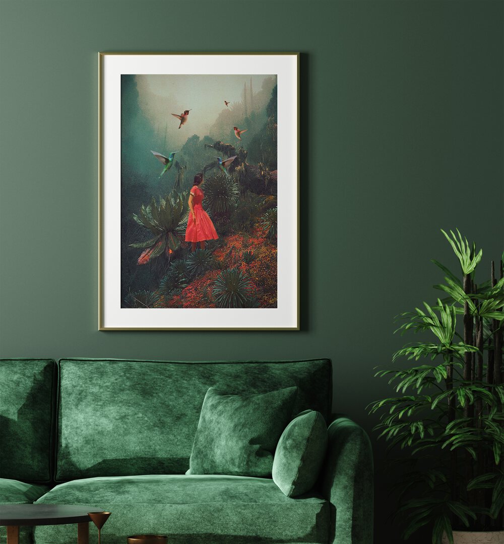 20 Seconds Before the Rain By Frank Moth Surreal Art Prints Surrealism in Gold Frame With Mount placed on a wall behind a green sofa