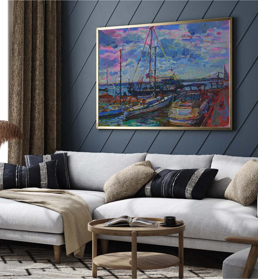 Vibrant YACHTS and LANDSCAPE PAINTINGS adorn a stylish living room, perfect for luxury seekers and art lovers.