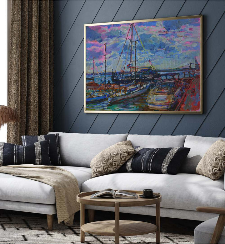 Vibrant YACHTS and LANDSCAPE PAINTINGS adorn a stylish living room, perfect for luxury seekers and art lovers.
