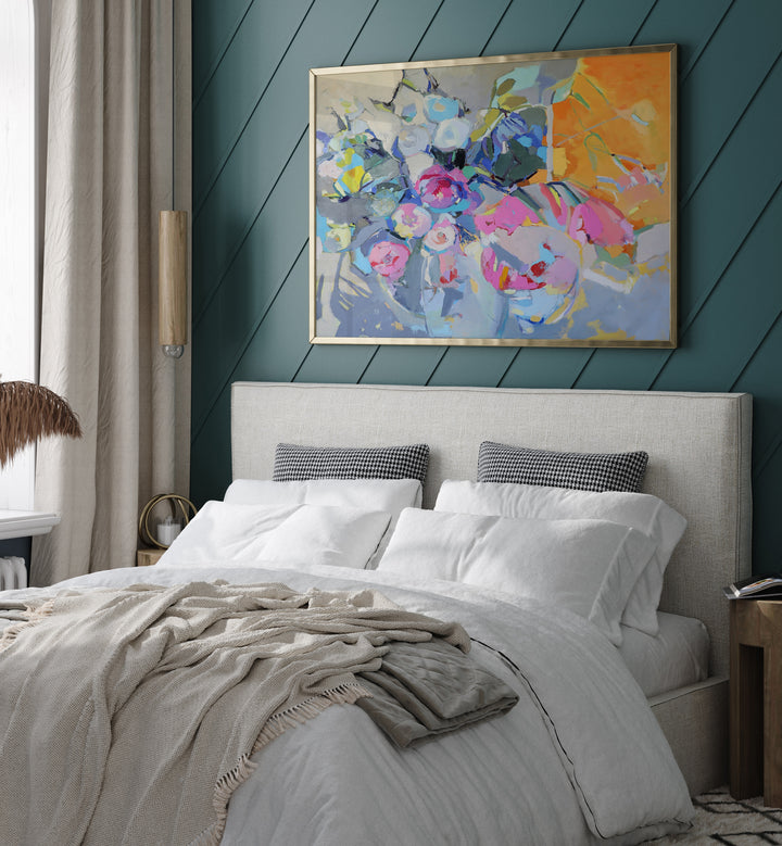 Brighten your space with GLASS AND ROSES, ABSTRACT PAINTINGS, featuring elegant floral artistry in a chic bedroom setting.