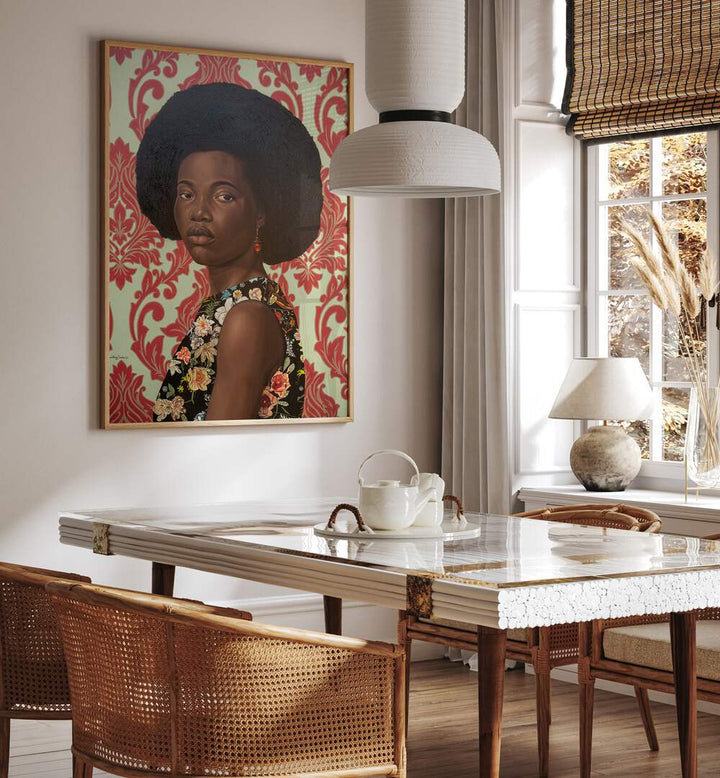 Elegant VINTAGE ROYAL, AFRICAN ART PAINTINGS adorn a stylish dining area, showcasing cultural richness and timeless charm.