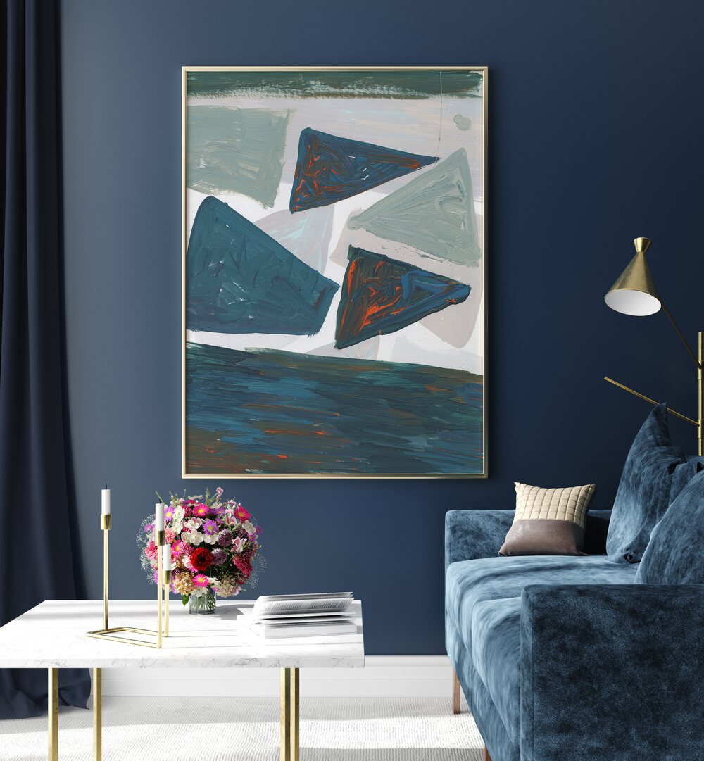 Elegant MIRRORED MOUNTAINS, ABSTRACT PAINTINGS enhancing home decor with striking colors and modern design elements.