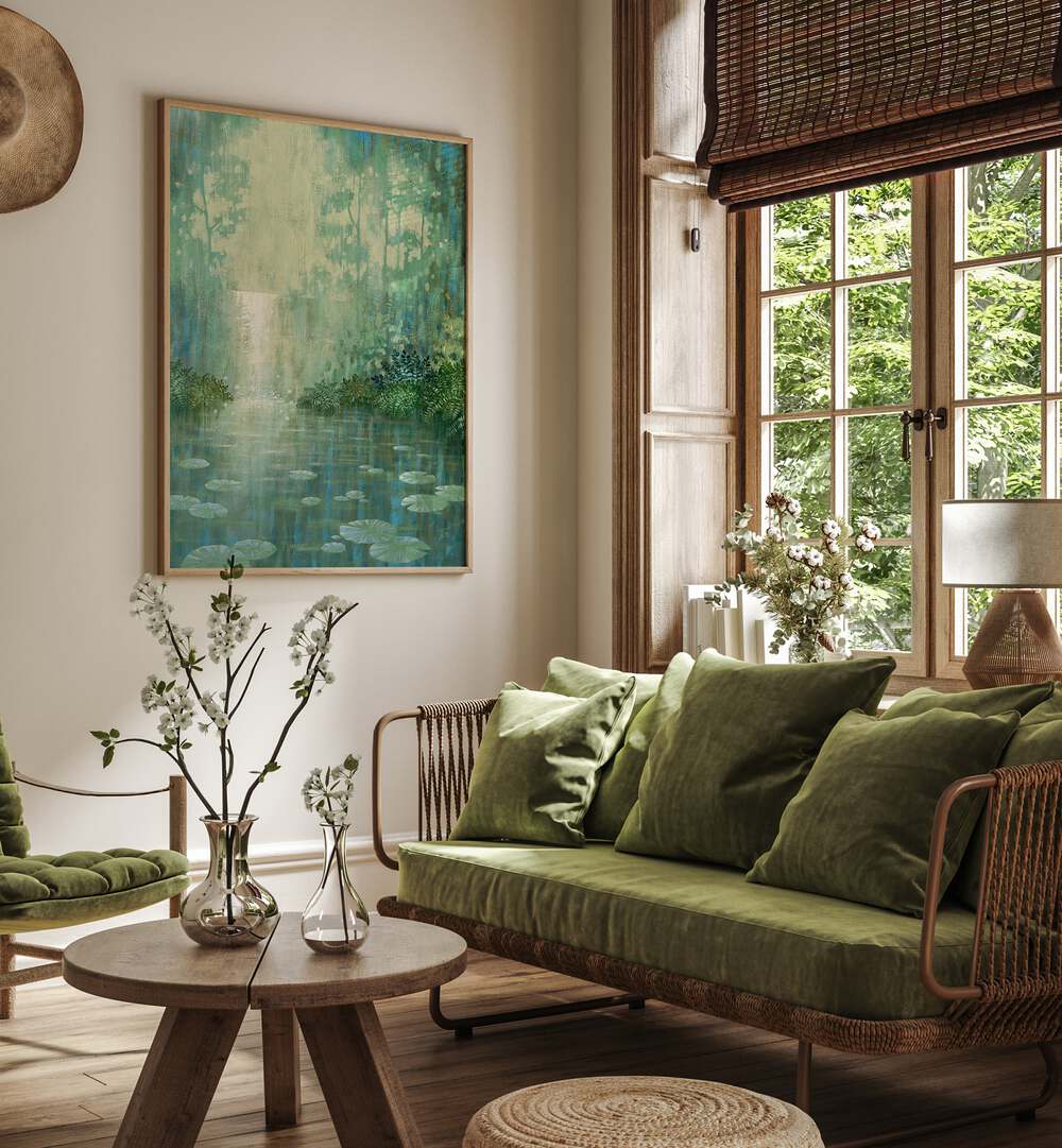 Serene WATERLILY POND, LANDSCAPE PAINTINGS enhancing a cozy living room with vibrant decor and natural light.