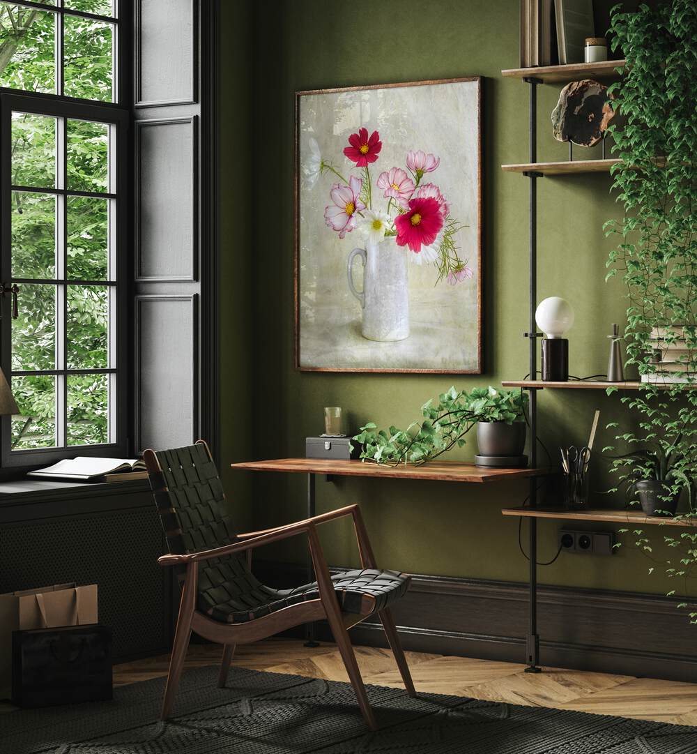 Brighten your space with COSMOS CARNIVAL, FLORAL FLOWER PAINTINGS, featuring vibrant blooms in a serene setting.