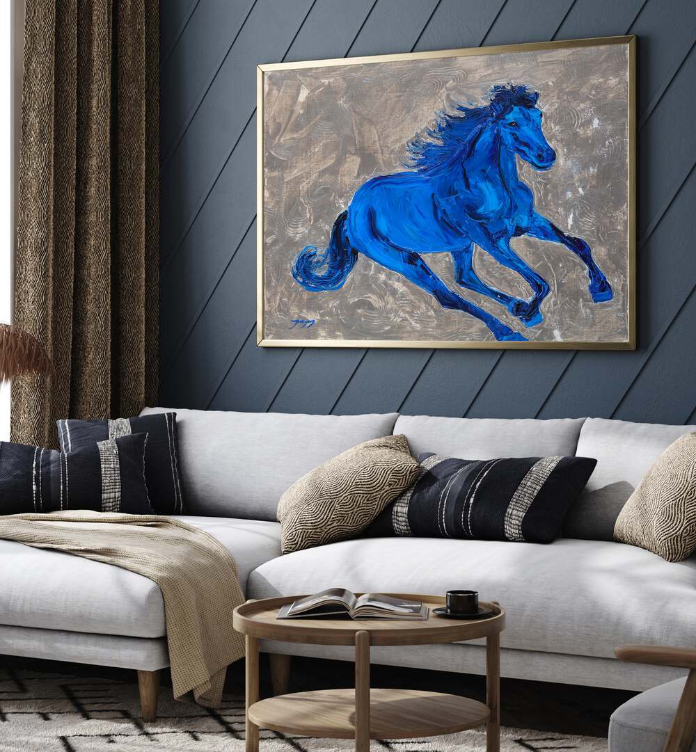 Vibrant BLUE HORSE, ANIMAL PAINTINGS decorates a stylish living room, enhancing modern interior aesthetics.