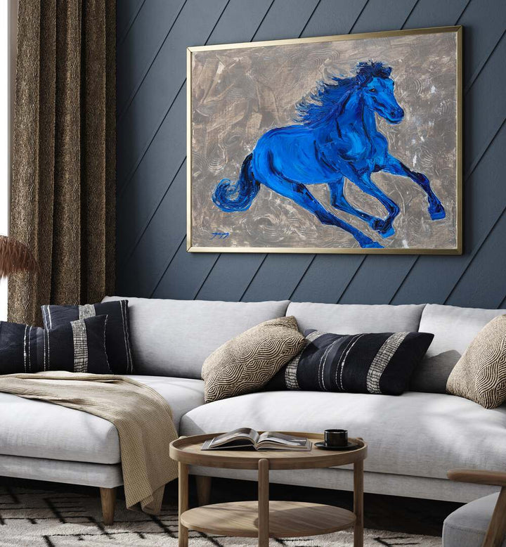 Vibrant BLUE HORSE, ANIMAL PAINTINGS decorates a stylish living room, enhancing modern interior aesthetics.