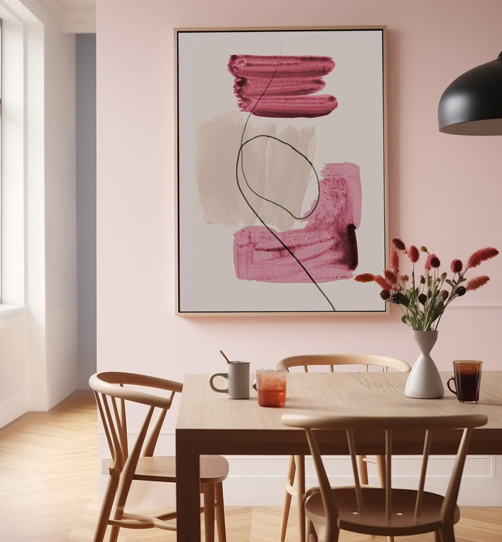 Modern dining area featuring ABSTRACT LINES AND SHAPES NO.1, ABSTRACT PAINTINGS, enhancing the stylish decor.