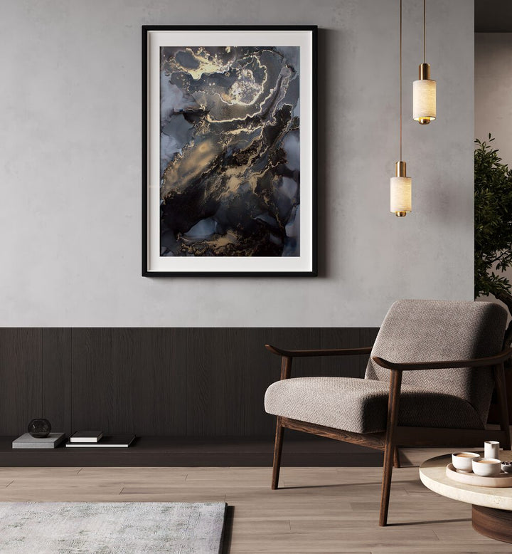 Stunning METALLIC FIRESTORM, ABSTRACT PAINTINGS displayed in a modern living space, enhancing contemporary decor.