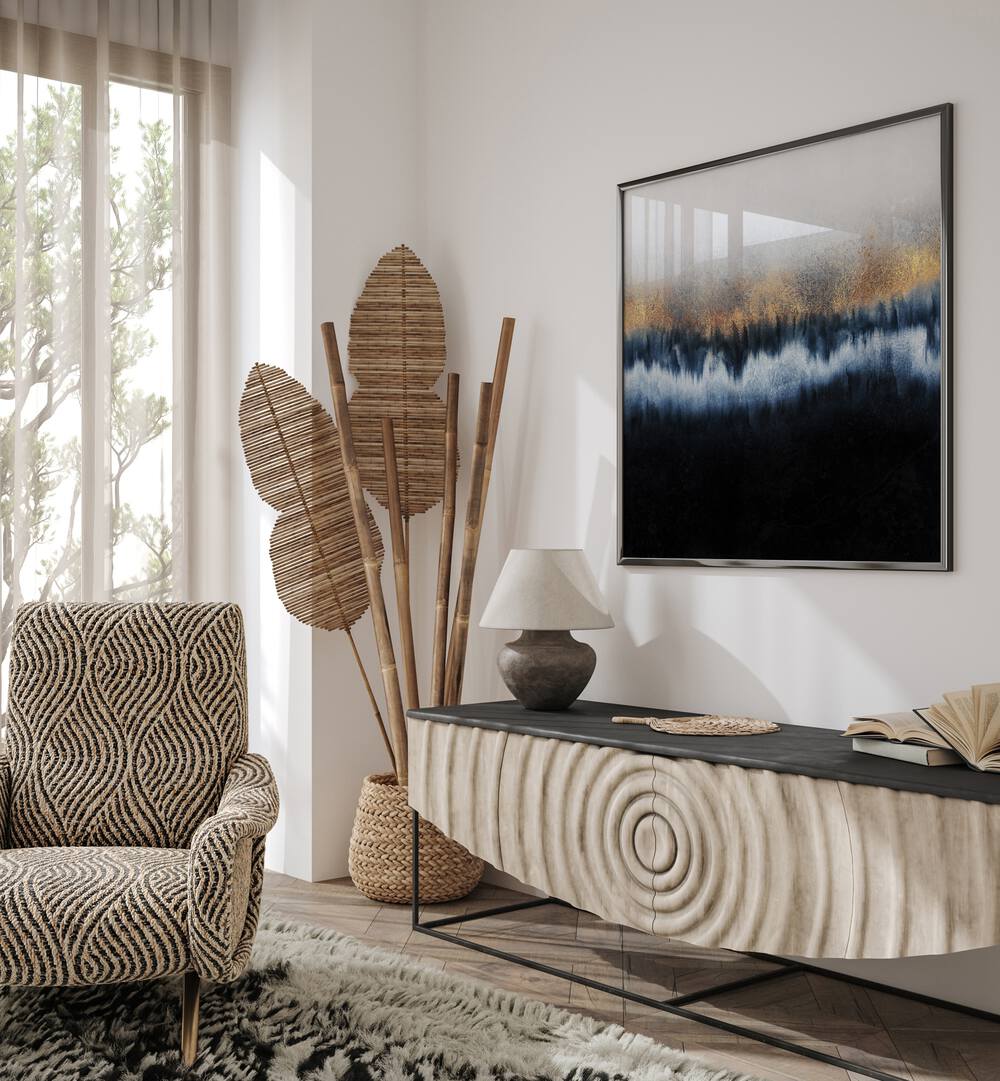 Elegant living room featuring GOLDEN HORIZON III, ABSTRACT PAINTINGS, showcasing luxury and artistic sophistication.