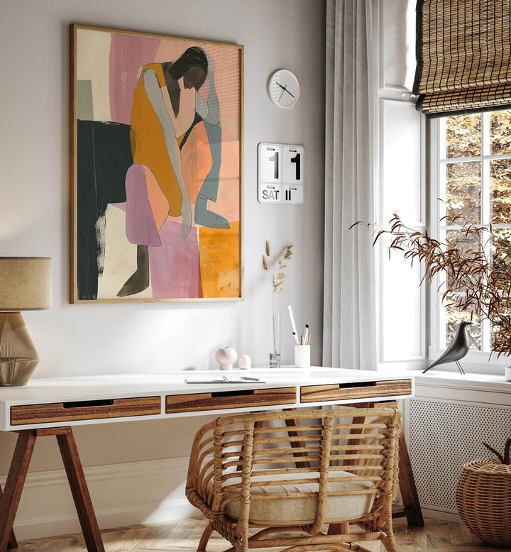 Stylish workspace featuring THE WALL, PORTRAITS artwork, enhancing modern decor with figurative illustrations.