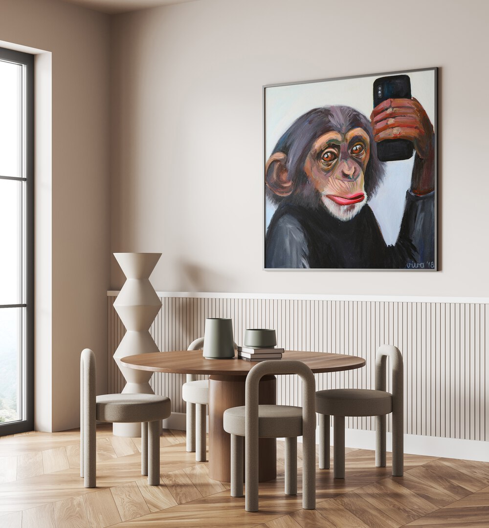 Brighten your space with the CHIMP'S SELFIE MOMENT, COMIC POSTERS, showcasing a charming monkey capturing a fun moment.