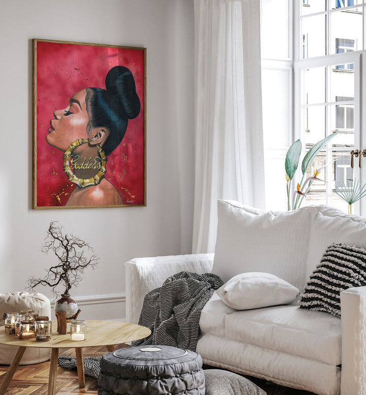 GODDESS, AFRICAN ART PAINTINGS adorns a stylish room, showcasing elegance and empowerment in vibrant colors.