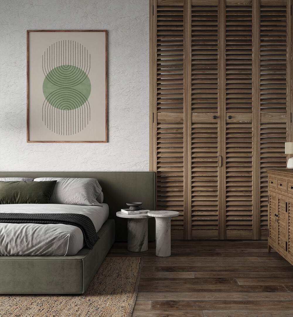 Stylish bedroom featuring PERFECT POINT GREEN, GEOMETRIC ART PRINTS by MIUUS Studio, enhancing modern decor beautifully.